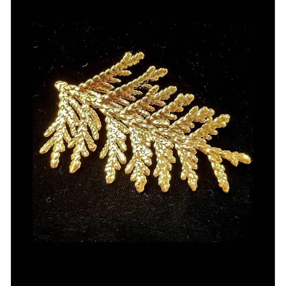 Vintage Gold Tone Cedar Branch Brooch Textured Nature Leaf Pin Accessory